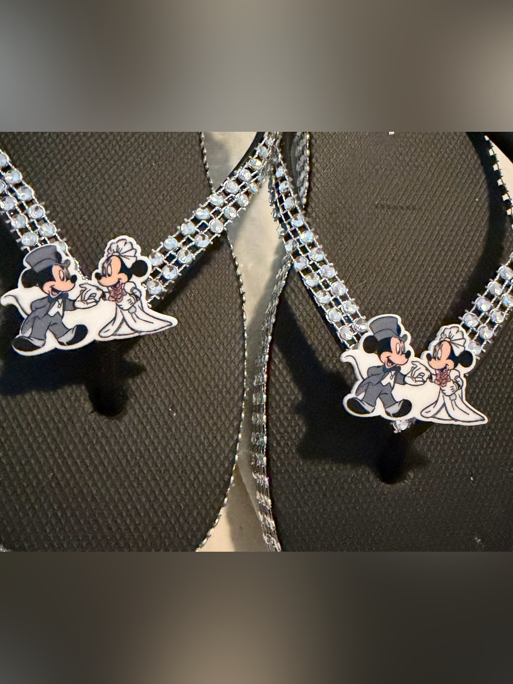 Women’s Black Rhinestone Bridal Sandals with Mickey & Minnie Charm